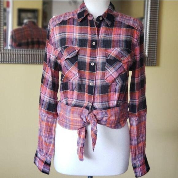 NWT Free People First Bloom Plaid Buttoned Tie Front Blouse Small - Picture 5 of 16